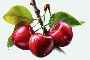 mûr cerises sur une branche avec feuilles et gouttes de l'eau ai génératif photo