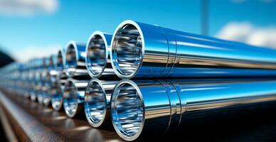 haute qualité galvanisé acier tuyau ou aluminium et chrome inoxydable acier tuyaux dans empiler - ai généré image photo