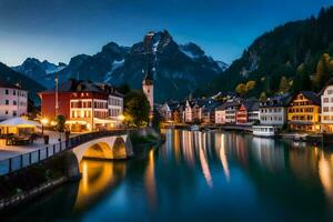 le ville de hallstatt dans le Alpes à crépuscule. généré par ai photo