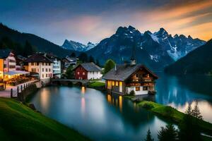 une Lac et Montagne village à le coucher du soleil. généré par ai photo