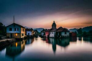 une rivière avec Maisons et une église à le coucher du soleil. généré par ai photo