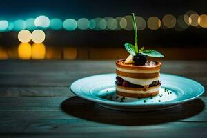 une dessert sur une assiette avec une lumière Contexte. généré par ai photo