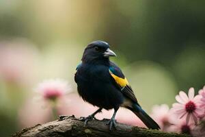 une noir oiseau avec une Jaune et bleu le bec séance sur une branche. généré par ai photo