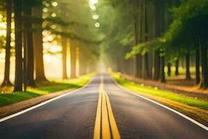 une longue route dans le milieu de une forêt. généré par ai photo