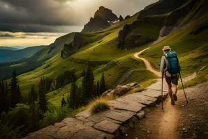 une homme avec une sac à dos et randonnée poteaux des promenades le long de une chemin dans le montagnes. généré par ai photo