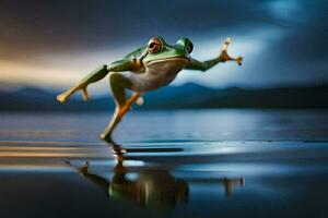 une grenouille sauter dans le l'eau. généré par ai photo