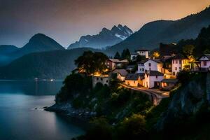 photo fond d'écran le ciel, montagnes, lac, Maisons, le village, le ville, le village. généré par ai