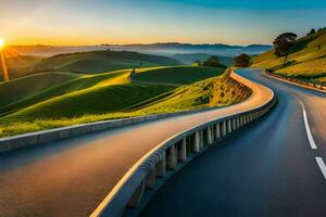 une enroulement route dans le montagnes avec le Soleil paramètre. généré par ai photo