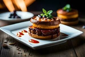 une assiette avec une Burger et sauce sur il. généré par ai photo