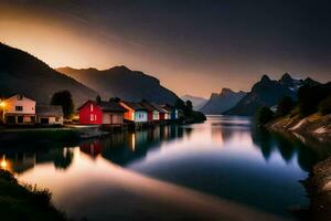 photo fond d'écran le ciel, montagnes, eau, Maisons, le mer, le montagnes, Norvège. généré par ai