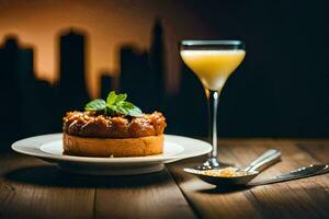 une dessert et une cocktail sur une table avec une paysage urbain dans le Contexte. généré par ai photo