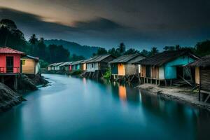 coloré Maisons ligne le banques de une rivière. généré par ai photo