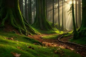 une chemin par une forêt avec des arbres et herbe. généré par ai photo