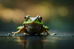 une grenouille séance sur le sol avec une floue Contexte. généré par ai photo