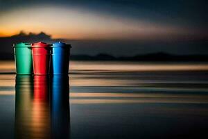 Trois coloré poubelle canettes séance sur le plage à le coucher du soleil. généré par ai photo