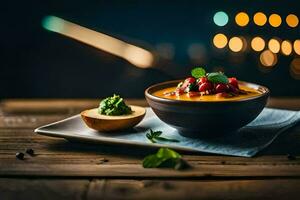 une bol de soupe avec une tranche de pain sur une en bois tableau. généré par ai photo