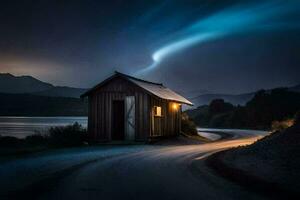 une petit cabine dans le milieu de une route avec une brillant lumière brillant de le ciel. généré par ai photo