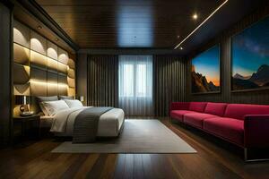 une moderne chambre avec une grand lit et une grand peinture. généré par ai photo