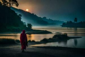 une femme dans une rouge peignoir est en marchant le long de le rive à lever du soleil. généré par ai photo
