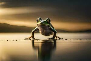 une grenouille permanent sur le plage à le coucher du soleil. généré par ai photo