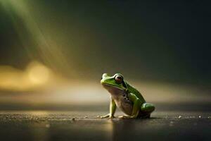 une grenouille séance sur le sol dans le sombre. généré par ai photo