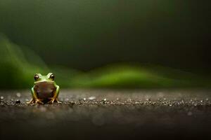 une grenouille séance sur le sol avec une vert Contexte. généré par ai photo