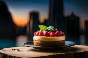une dessert avec des fraises et crème sur une assiette dans de face de une paysage urbain. généré par ai photo