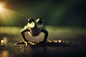 une grenouille est permanent sur le sol avec le Soleil brillant. généré par ai photo