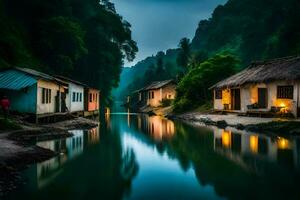 Maisons sur le banques de une rivière à nuit. généré par ai photo