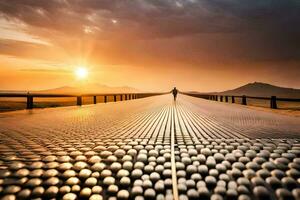 une homme en marchant sur une pont à le coucher du soleil. généré par ai photo