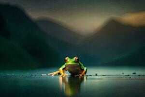 une grenouille séance sur le bord de une lac. généré par ai photo