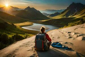 une femme avec une sac à dos est assis sur le bord de une Montagne à le coucher du soleil. généré par ai photo