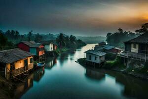 une rivière dans le milieu de une village avec Maisons. généré par ai photo