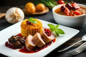 une assiette avec Viande, des légumes et sauce. généré par ai photo