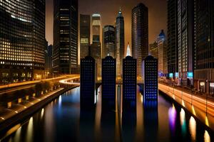 une ville à nuit avec grand bâtiments et l'eau. généré par ai photo