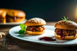 deux petit curseurs sur une assiette avec sauce. généré par ai photo