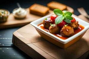 une bol de Boulettes de viande avec sauce et pain sur une en bois Coupe planche. généré par ai photo