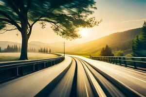 une train en voyageant vers le bas une route avec des arbres dans le Contexte. généré par ai photo