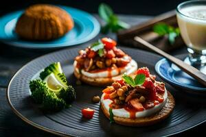 deux petit des sandwichs avec des légumes sur une plaque. généré par ai photo