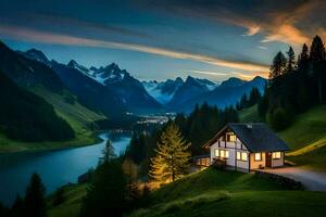 le maison dans le montagnes. généré par ai photo