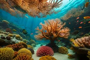 un sous-marin scène avec corail récifs et poisson. généré par ai photo