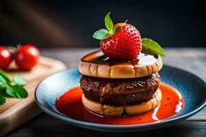 une Hamburger avec fraise sauce sur Haut. généré par ai photo