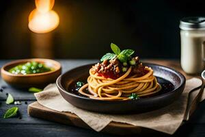 spaghetti avec Viande et sauce sur une en bois tableau. généré par ai photo