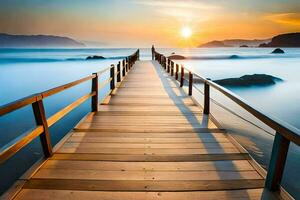 une en bois pont pistes à le océan à le coucher du soleil. généré par ai photo