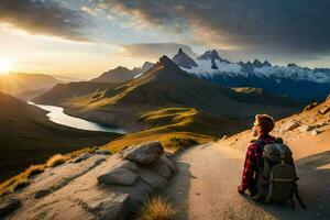 une homme avec une sac à dos est assis sur le bord de une Montagne à le coucher du soleil. généré par ai photo