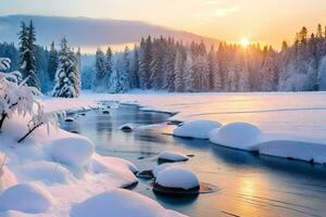 neige couvert des arbres et rivière dans l'hiver. généré par ai photo