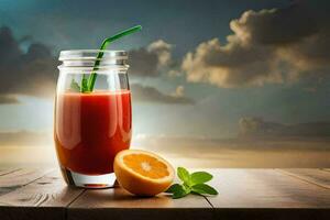 une verre de jus avec un Orange tranche sur une en bois tableau. généré par ai photo