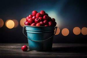 une seau de framboises sur une en bois tableau. généré par ai photo