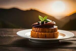 une dessert sur une assiette avec montagnes dans le Contexte. généré par ai photo