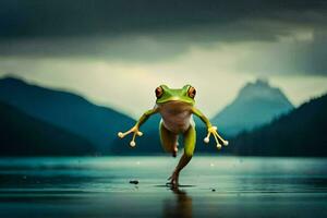 une grenouille sauter dans le l'eau. généré par ai photo